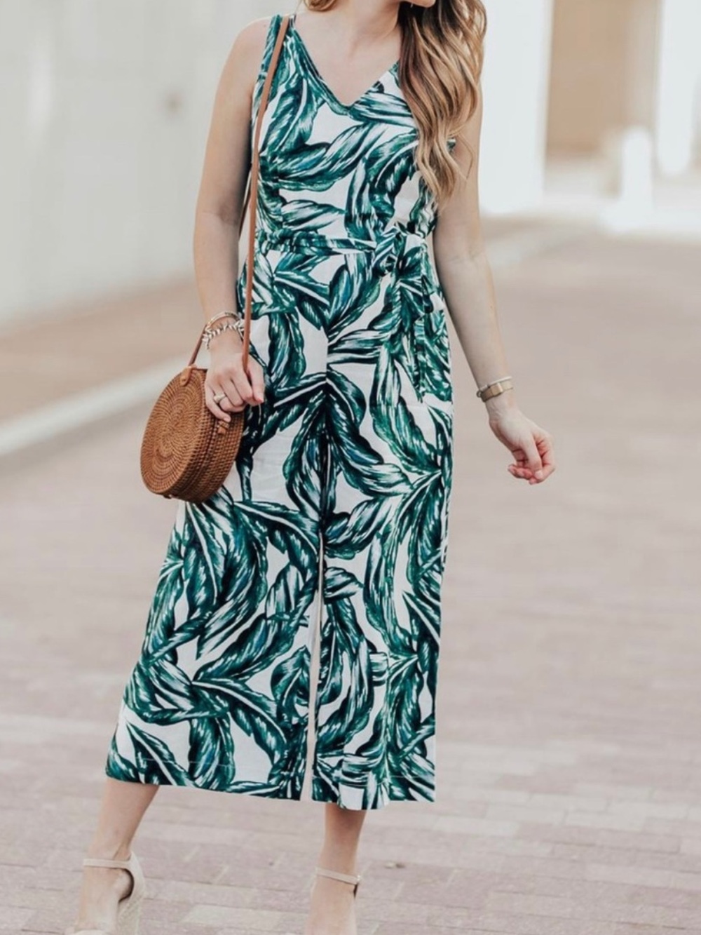 Who What Wear Tropical Palm Print Jumpsuit Womens XS Green Linen Blend